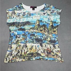 Peck & Peck White Knit Top with Blue and Teal Scenic Print